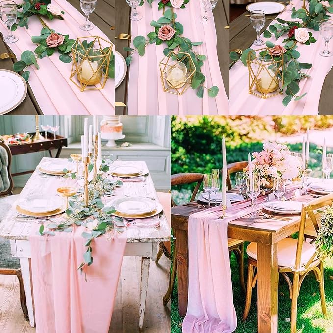 Fivenl 12 Packs Chiffon Table Runner - Pink, Sheer, Romantic for Wedding, Birthday, Party & Baby Shower Decoration (12" x 120")