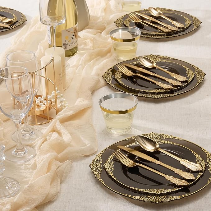 Goodluck 250 PCS Vintage Translucent Black & Gold Rim Plastic Plates with Cutlery Set - Serves 50 - Heavy Duty Elegant Disposable Dinnerware for New Years Eve, Halloween, Gatsby Party
