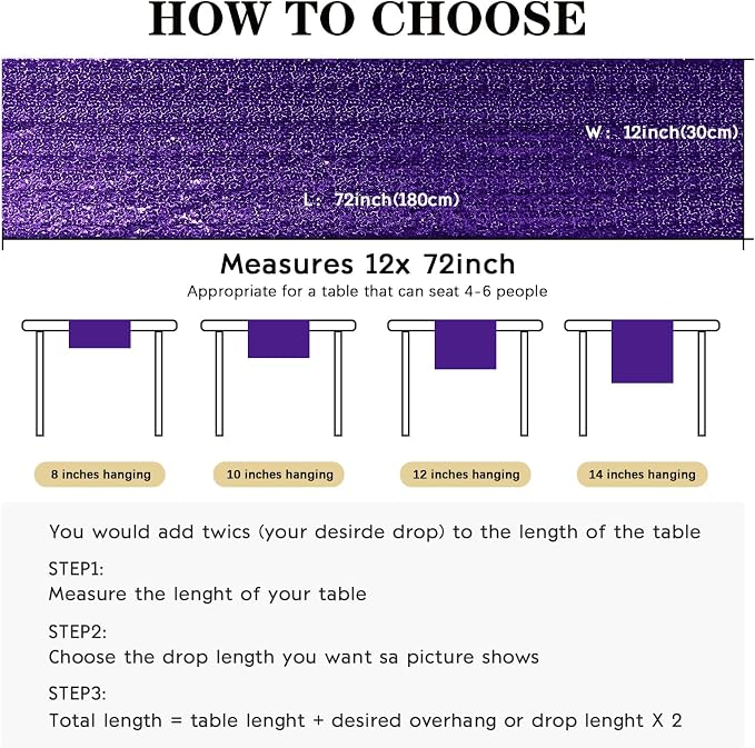 10 Packs 12 x 72 inches Sequin Table Runner, Purple Glitter Table Runner for Birthday Party Supplies Wedding Engagement Baby Shower Holiday Celebration Event Decorations
