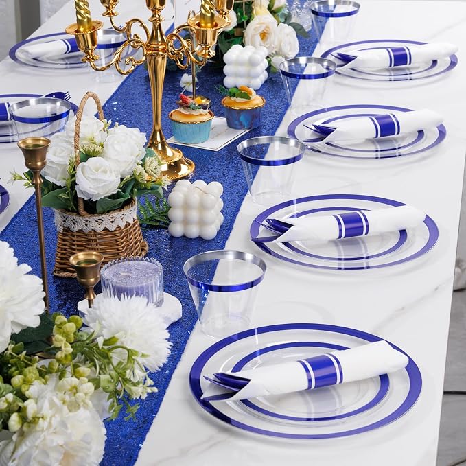 Liacere 350PCS Blue Plastic Plates - Clear with Blue Trim for 50Guests Dinnerware Include 100 Clear Plates disposable 150 Silverware 50Napkins for Wedding＆party&Graduation&Summer
