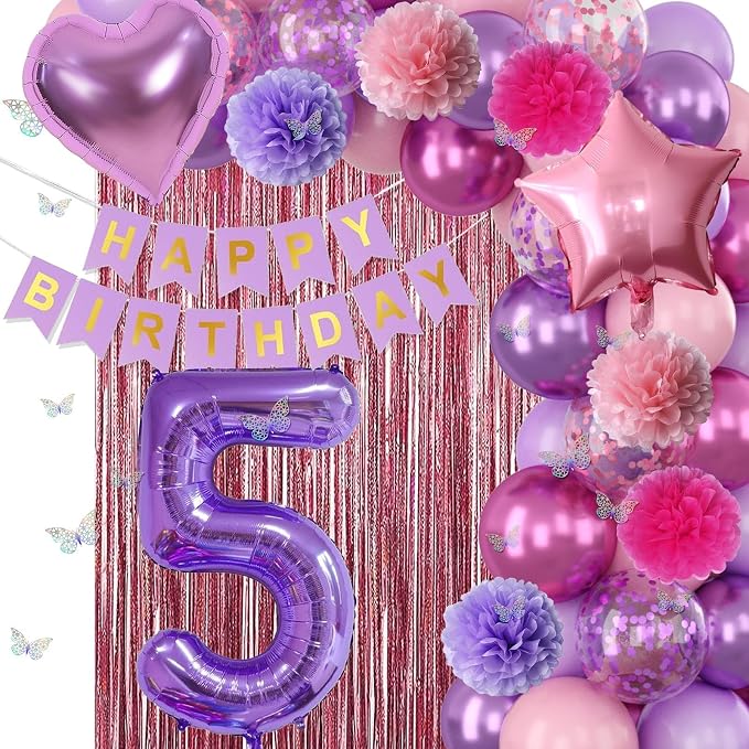 Pink Purple 5th Birthday Party Decorations for Girls Number 5 Balloon Happy Birthday Banner Butterfly Stickers Fringe Curtain Paper Pom Poms Metallic Hot Pink Star Foil Balloons 5 Year Old Princess