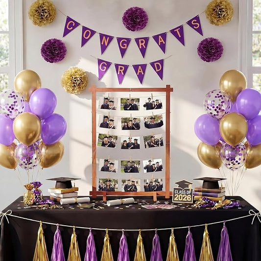 Novabright 36 Pcs Graduation Wooden Picture Frame Display Set Congrats Grad Banner Tassels Paper Flowers Balloon Class of 2026 Preschool High School College Graduate Party Decor(Purple, Gold)