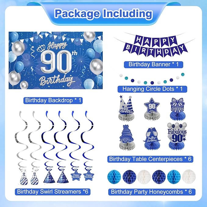 Happy Birthday Party Decoration Set: Including Birthday Banner Backdrop, Party Table Centerpieces and Hanging Swirl Party Streamers, Birthday Decor Suppliers for Men and Women (Blue, 90th Birthday)