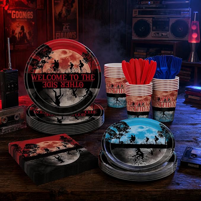 120 PCS Stranger Party Supplies with Disposable Paper Plates Napkins Cups Themed Party Decorations for Boys Girls Stranger Things Theme Party