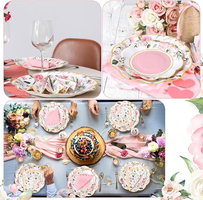 Funnymoom 200 Pcs Wild Floral Party Supplies Pink Flower Disposable Paper Dinner Dessert Plates Luncheon Napkins Beverage Napkins for Wedding Birthday Baby Shower Bridal Tea Party Serves 50 Guests