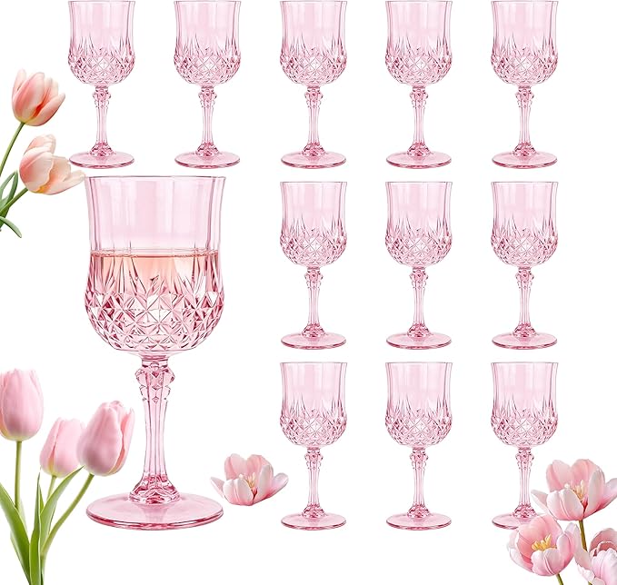 Plastic Wine Glasses, Plastic Goblets Vintage Style Cordial Unbreakable Drinking Glasses,Reusable Drinkware for Wedding Reception, Grand Event Party Supplies (12, Pink)