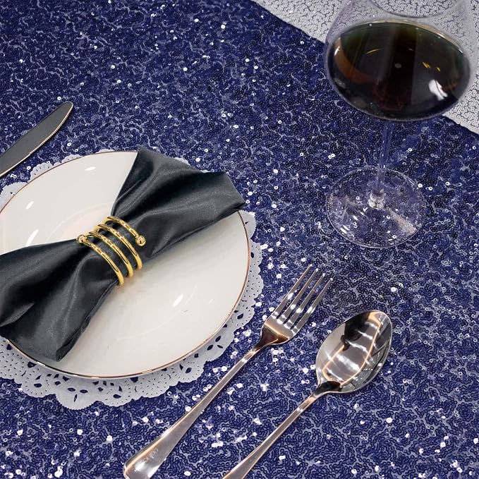 132 Inch Round Navy Blue Sequin Tablecloth, Metallic Large Glitter Sparkle Table Cloth for Dining Banquet Table, Sequin Table Linen for Graduation Wedding Party Decorations