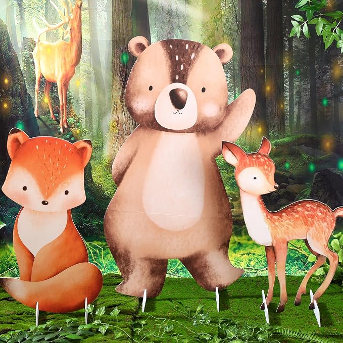 Leinuosen 3 Pcs Large Woodland Animals Baby Shower Decorations Set 23-35 Inch Woodland Party Stand Decoration Bear Fox Deer Cardboard Cutouts Forest Theme Photo Booth Prop for Nursery Birthday Party