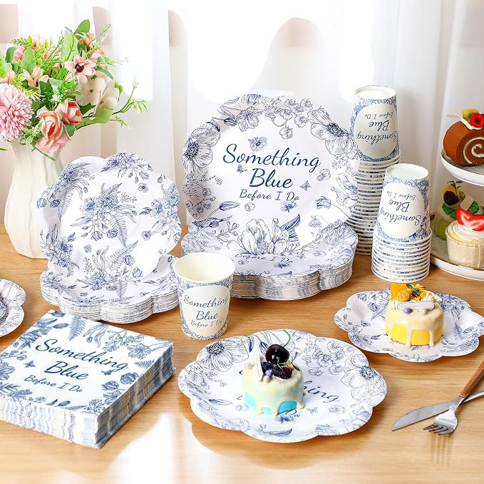 Newtay 250 Pcs Something Blue Bridal Shower Decorations Scalloped Blue and White Floral Plates and Napkins Bridal Shower Disposable Paper Tableware Set for 50 Guests for Wedding Engagement Party