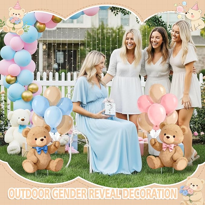 2Pcs Gender Reveal Bear Cardboard Cutouts Standup, Pink Blue Bear Baby Shower Birthday Party Decorations, He or She Photo Booth Props Yard Signs with Stakes & Stands for Indoor Outdoor Use
