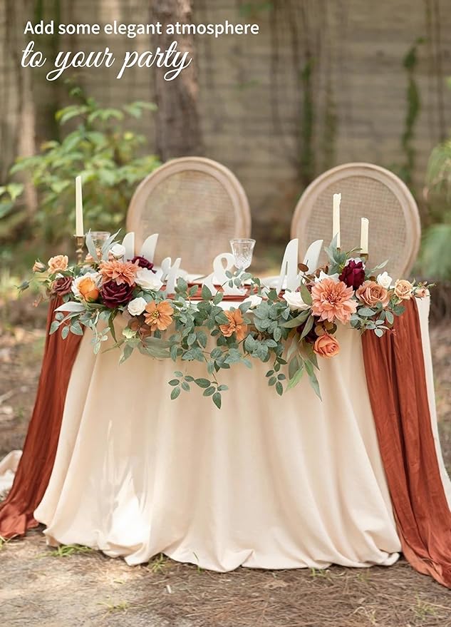 10 Pack Terracotta Cheesecloth Table Runner 17x108 Inch Semi Sheer Boho Gauze Cheese Cloth Table Runners, for Wedding Bridal Shower Birthday Party Home Decor Garden Farmhouse