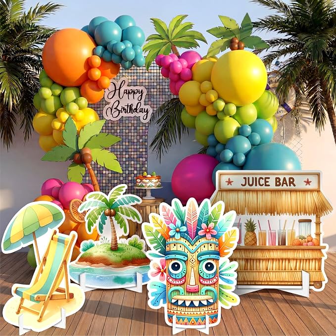 Honoson Large 32" Tiki Aloha Luau Party Decoration Cardboard Cutouts, Tiki Bar Totem Backdrop Standup Yard Signs for Hawaiian Party Supplies Tropical Summer Beach Pool Photo Booth Props