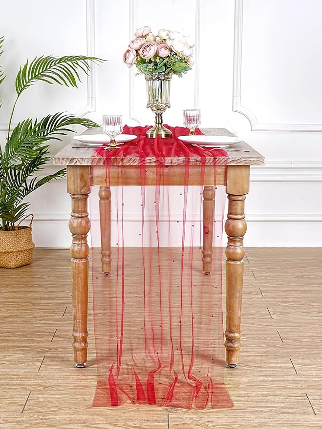 Red Tulle Table Runner Pearl Fabric: Christmas Veil Dessert Chiffon Pearl Lace Boho 6pcs Overlay Wedding Aisle Runner Valentines Day Party Decorations Doilies