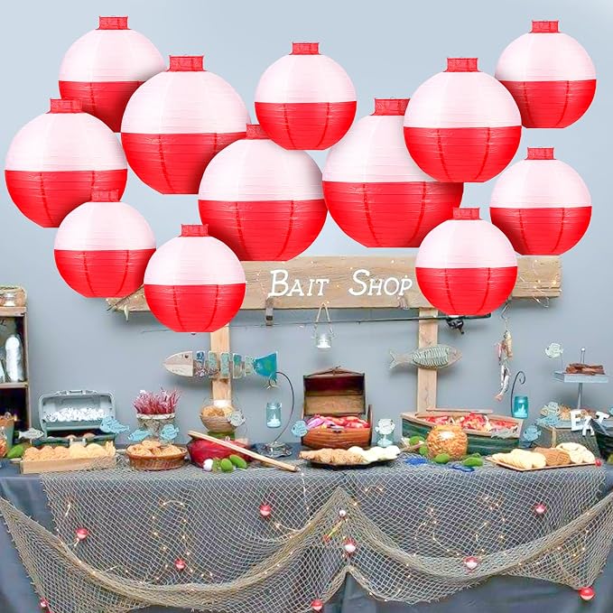 Fishing Bobber Paper Lanterns Round Decoration Lantern 12 PCS Red and White Hanging Paper Lanterns for Fishermen Theme Party Decoration Supplies Birthday Decor