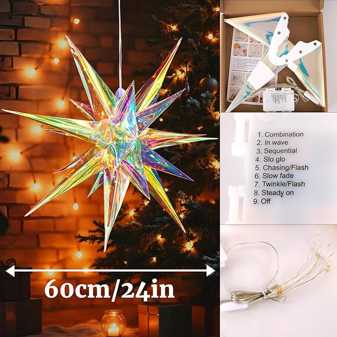 SUNBEAUTY 24 Inches Iridescent Christmas Lights Stars Lanterns Christmas Lanterns Hanging Moravian Star 3D for Wedding Birthday Christmas Home Party Decorations