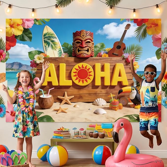 10x10ft Hawaiian Aloha Backdrop Tropical Beach Photo Backdrop Tiki Mask Flowers Summer Backdrops for Photography for Luau Party Tropical Wedding Birthday Decorations Photo Booth Props