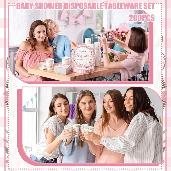 Hushee 200 Pcs a New Silly Goose Baby Shower Paper Plates Cups Napkins Funny Goose Birthday Party Favors Set Serves 50 Guests Disposable Pink Tableware Set for Gender Reveal Party Supplies