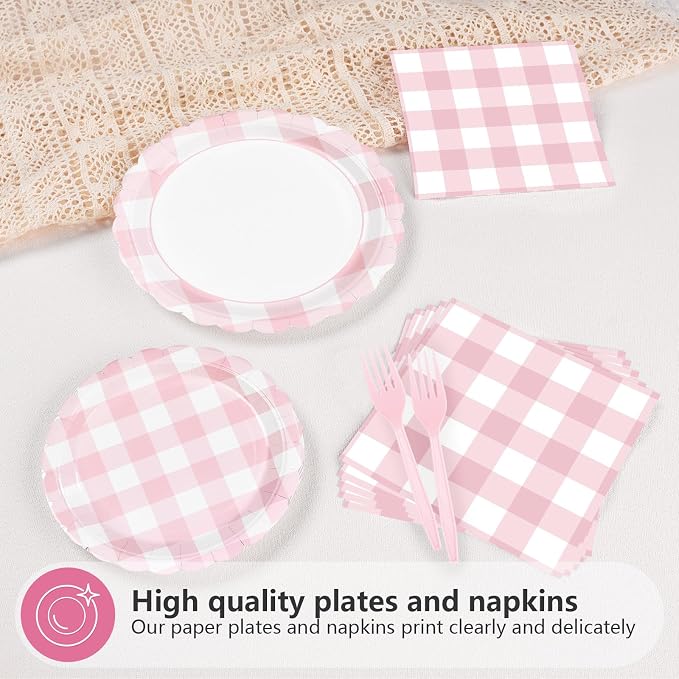 96Pcs Pink Gingham Party Decorations Light Pink & White Scalloped Checkered Plaid Plates and Napkins Tableware Sets for Girls Birthday Baby Shower BBQ Pastel Theme Dinner Party Supplies Serves 24