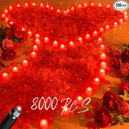 Hanaive 8000 Pcs Artificial Rose Petals with 120 Pcs Flameless LED Tea Light Candles Set Romantic Special Night Decorations for Proposal Anniversary Wedding Party Decor(Red)