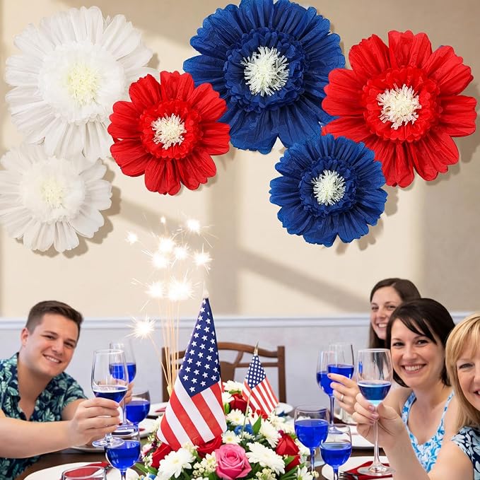 Giegxin 6 Pcs 31.5" 24" 4th of July Giant Crepe Paper Flowers 250th Red White Blue Paper Flowers America Patriotic Decorations USA Tissue Floral for Wall Independence Day Birthday Party Decor
