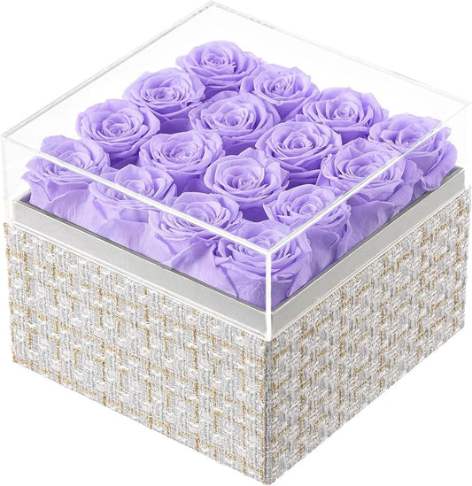 Eterfield Forever Flowers Preserved Roses Real Roses that Last Over a Year Rose Box Gifts for Her Mothers Day Valentines Day Christmas (Square Gold White Plaid Box, 16 Light Purple Roses)