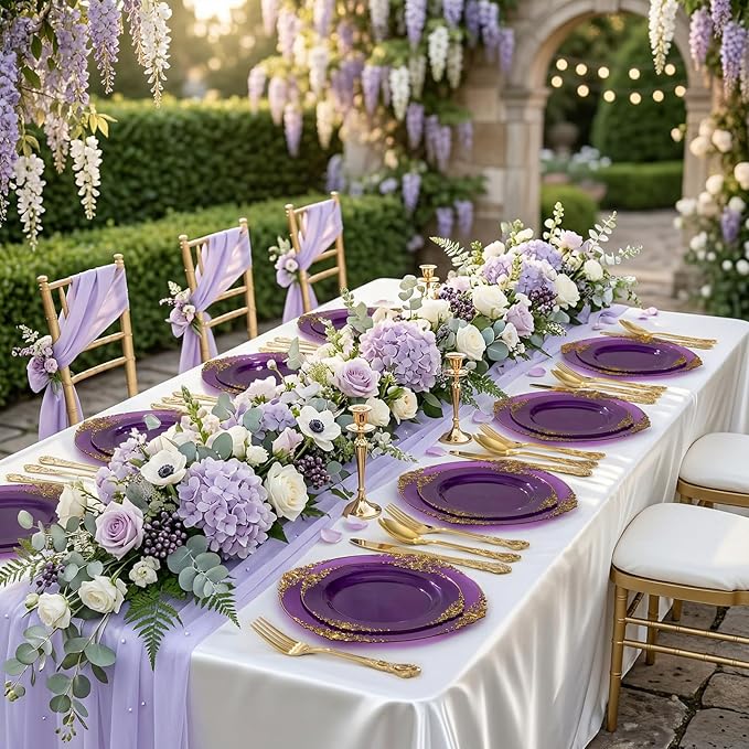 102PCS Purple and Gold Plastic Plates - High End Purple Disposable Plate - Vintage Dinner & Dessert Plates for 51 Guests Birthday Party Wedding