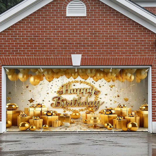 Happy Birthday Garage Door Banner Cover 7x16FT Waterproof –Luxury Gold Balloon & Gift Backdrop with 3D Cake Design,Indoor Outdoor Decor for Birthday Party, Anniversary,Party & Photo Booth