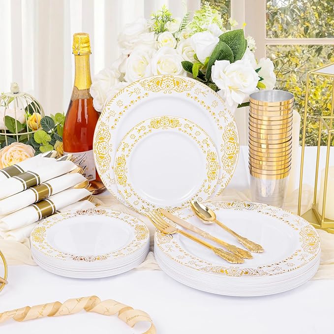 GATHER 350PCS White and Gold Plastic Plates - Gold Disposable Dinnerware Set Include 50 Dinner Plates, 50 Dessert Plates, 150 Gold Plastic Silverware, 50 Napkins, 50 Cups for Wedding & Party
