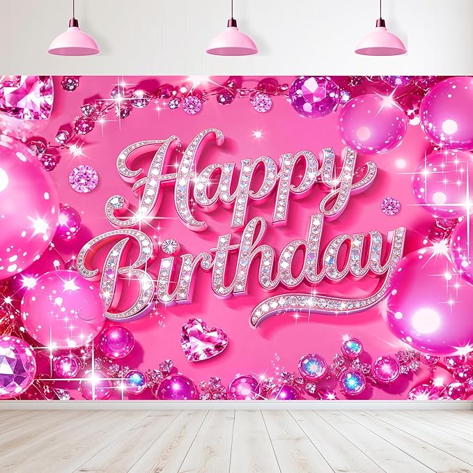 Happy Birthday Backdrop 7Wx5H Feet Polyester Fabric Bling Diamond Glitter Hot Pink Luxurious Crystal Ball for Princess Girl Decoration Modern Party Photography Background Photo Shoot Props
