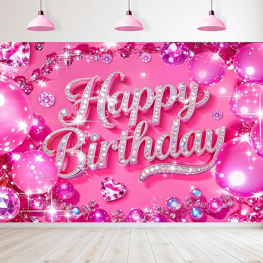 Happy Birthday Backdrop 7Wx5H Feet Polyester Fabric Bling Diamond Glitter Hot Pink Luxurious Crystal Ball for Princess Girl Decoration Modern Party Photography Background Photo Shoot Props