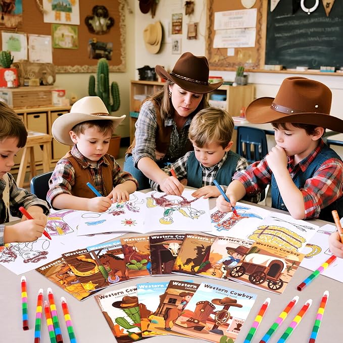 BenLouis 24 Western Cowboy Mini Coloring Books Kids With 24 Stacking Crayons Wild West Party Favors Activity Books Bulk for Kids Yee Haw Rodeo Goodie Bag Gift Stuffer Classroom Reward