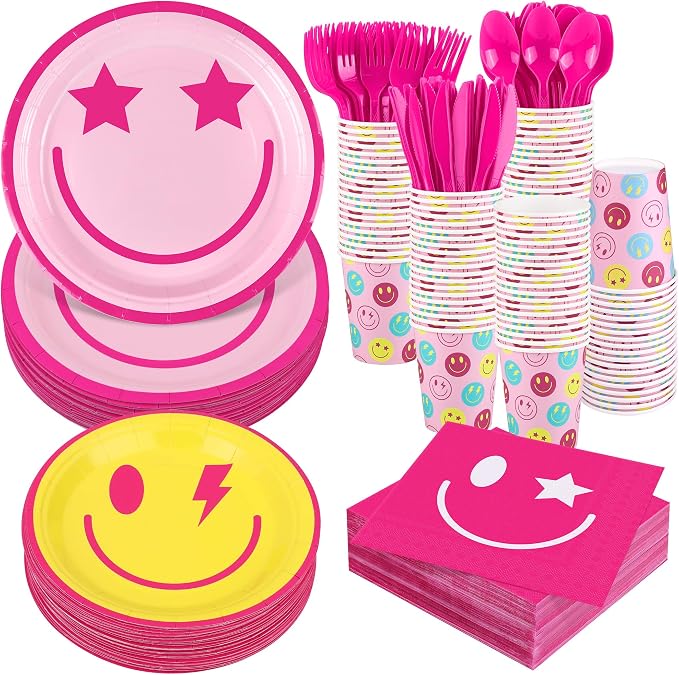 Kochorie 400 Pieces Preppy Smiley Face Party Tableware Set Paper Smile Face Plates Napkins Paper Cups Cutlery for Preppy Birthday Party Decorations Baby Shower Decor, Serve 50 Guest