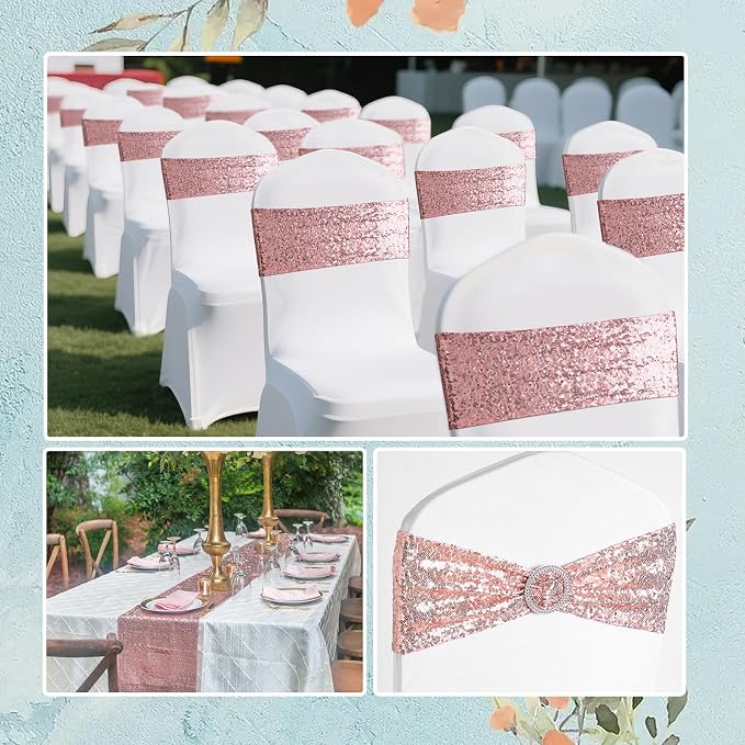 54 Pieces of Rose Gold Sequin Chair Ribbons and Table Runners, 48 Sequin Chair Bows, 6 Glitter Table Runners, Suitable for Wedding Parties Birthday Meeting Events Decorations (Rose Gold)