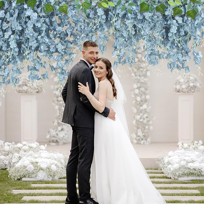 LELEE 25 Pcs Artificial Wisteria Hanging Flowers 3.6ft Dusty Blue Fake Hanging Flowers Garland Silk Flowers Rattan String Faux Wisteria Vine for Wall Home Wedding Party Arch Greenery Backdrop Decor