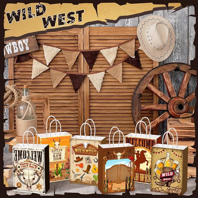 Outus 48 Pcs Cowboy Party Favor Bags Western Paper Gift Goodie Candy Treat Bags Bulk with Handle Wild West Rodeo Bag Gift Treat Wild West Pouch‌ for Cowgirl Birthday Party Supplies Favors