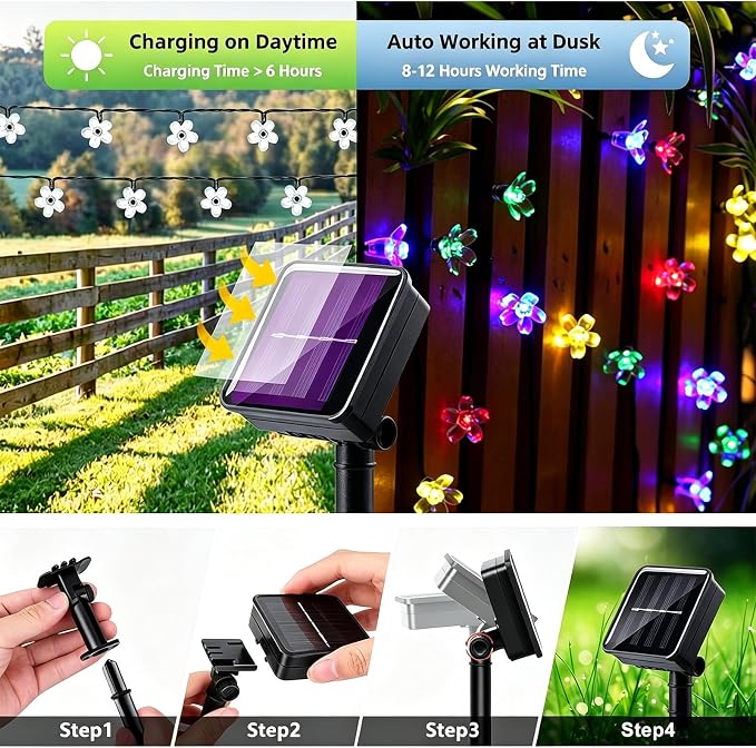 Solar String Flower Lights Outdoor 100 LED 40Ft Multi-Color Christmas Fairy Lights with 8 Lighting Modes, Waterproof Solar Lights Outdoor for Garden Christmas Wedding Party Xmas Tree Decoration