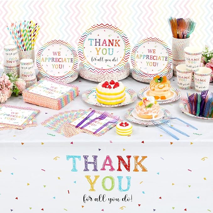 Funnymoom 452 Pcs Thank You Party Decorations for 50, We Appreciate You Paper Plates Napkins Cups Tablecloth Cutlery Straws for Employee Staff Housekeeping Week Pastor Appreciation Party Supplies
