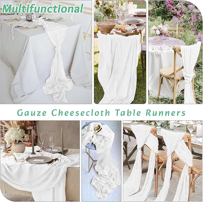 8Pack White Table Runner 10FT White Cheesecloth Table Runner 35x120Inch Long Boho Table Runners Rustic Gauze Table Runners for Party Wedding Bridal Shower Baby Shower Decorations