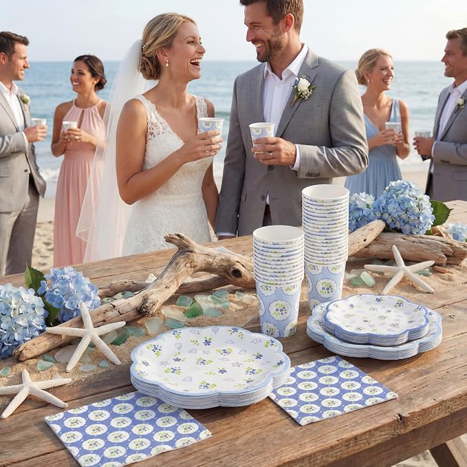 250 Pcs Blue Coastal Paper Plates Last Toast on The Coast Bachelorette Party Decorations Beach Disposable Plates and Napkins Blue Seashell Dinnerware for 50 Guests for Wedding Bridal Shower Supplies