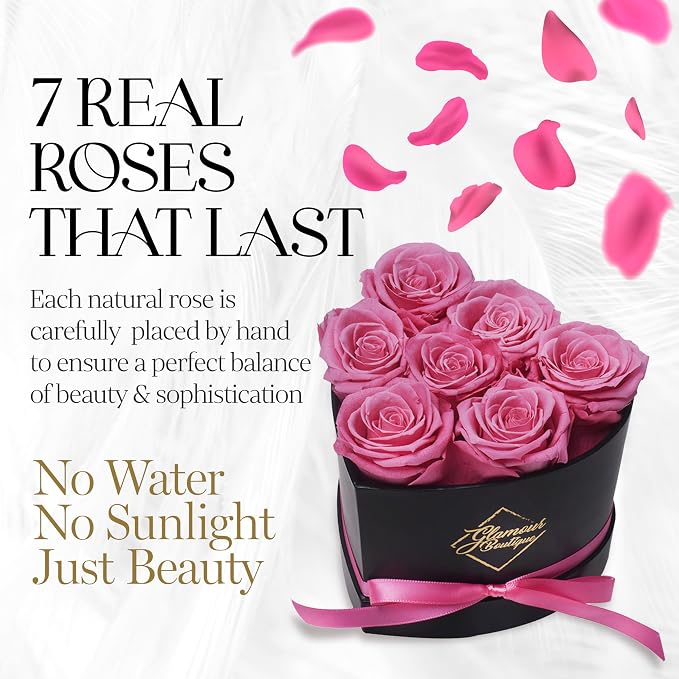 GLAMOUR BOUTIQUE 7 Flower Forever Heart Shape Box, Mothers Day Gift For Mom, Eternal Preserved Roses Gift for Her, Flowers bouquet, For Birthday, Anniversary, Girlfriend - Pink