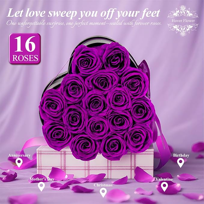 16 Forever Preserved Flowers in a Box, Vanlentines Day Gifts for Her, Eternal Roses Flowers for Delivery Prime, Birthday Gifts for Women Mom Grandma Wife (Purple)