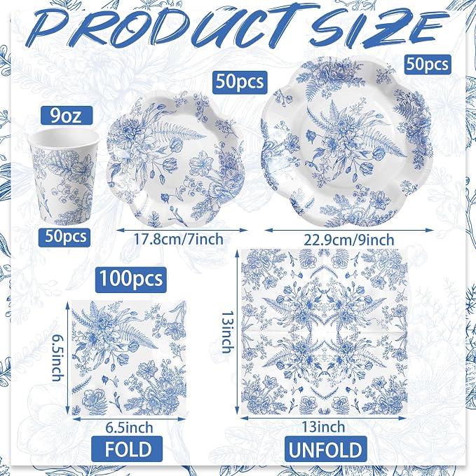 Newtay 250 Pcs Blue Floral Disposable Plates and Napkins Blue and White Floral Paper Tableware Set for 50 Guests Paper Plates Napkins Cups for Wedding Bridal Shower Party Supplies