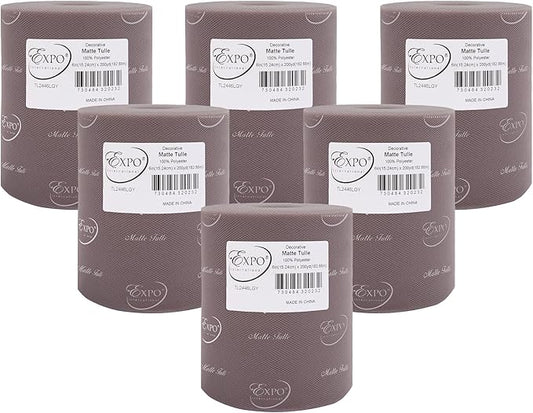 Expo International Decorative Matte Tulle, Roll/Spool of 6” X 200 Yards, Lightweight Polyester Tulle Fabric for Tutus, Costumes, and Party Decorations, Washable, Easy-to-Use, Pack of 6, Light Gray