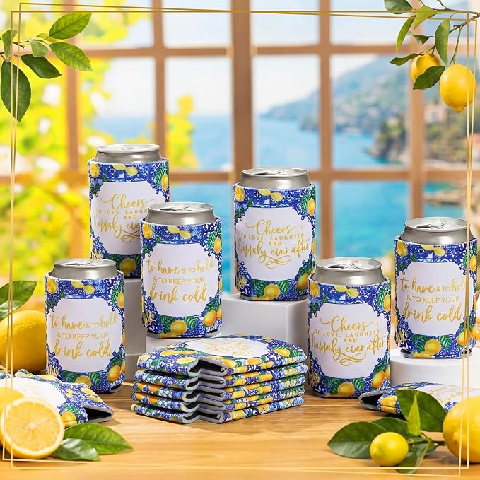 Qinyoung 50 Pieces Capri Lemon Wedding Can Cooler Bulk Amalfi Coast Decor Engagement Party Favors for Guests Cheers to Love Laughter and Happily Ever After Rehearsal Dinner Decorations for Wedding