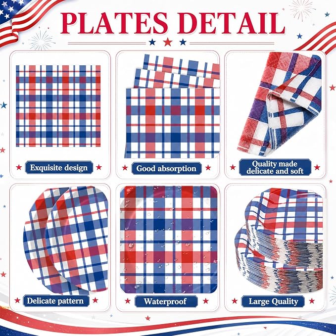 Pickmesh 250 Pcs Red White Blue Paper Plates and Napkins Set, 4th of July Patriotic Plaid Party Supplies Serves 50, 9" & 7" Plates with 9oz Cups and 6.5" Napkins for 250th Veterans Day Summer Party