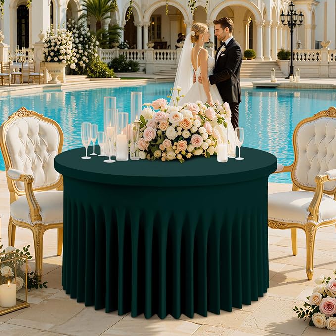 Smiry Round Spandex Tablecloth, Elastic Fitted Washable Tablecloths for 60 Round Tables, Waterpoof Stretch Table Cover Skirt for Outdoor, Wedding, Banquet & Parties, Hunter Green