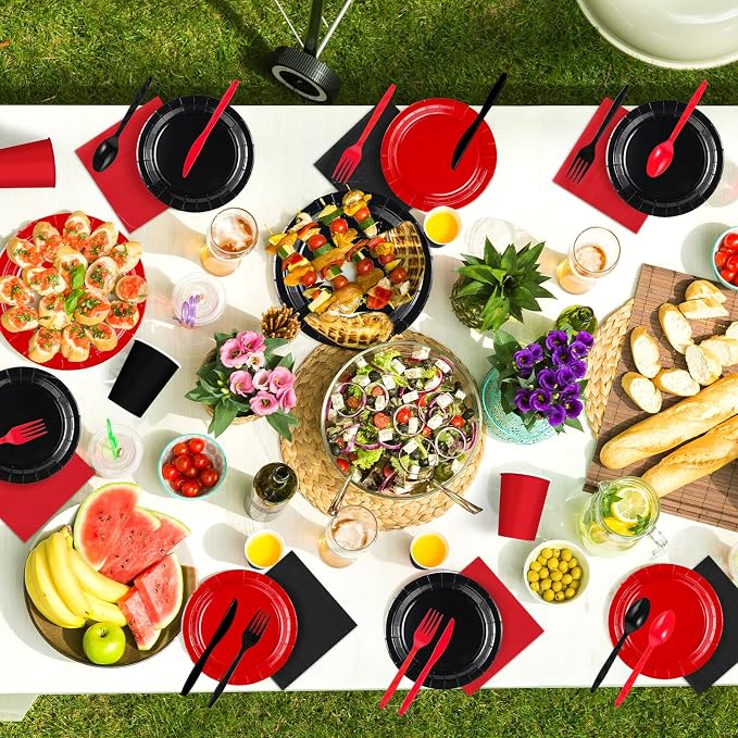 168 Pcs Red and Black Party Decorations Black and Red Plates Napkins Cups Forks Disposable Stranger Tableware Set for Congrats Fiesta Holiday Wedding Birthday Party Supplies Serves 24