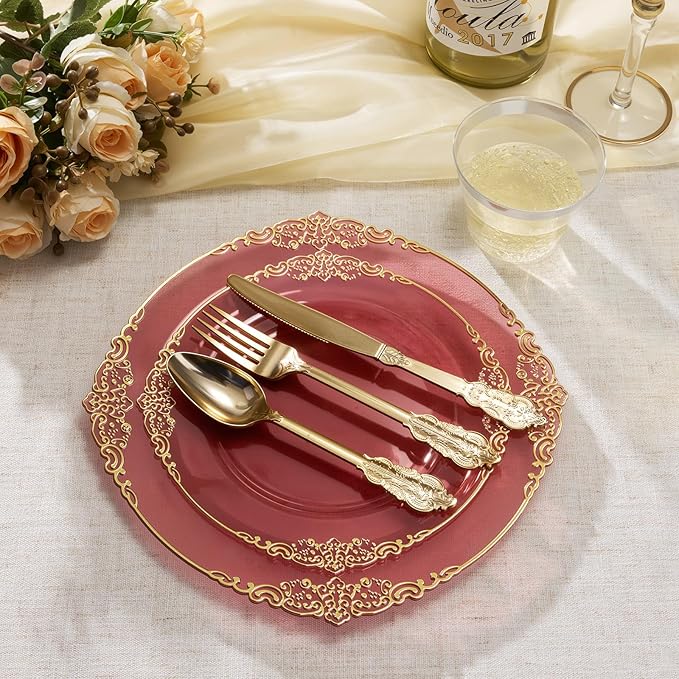 Goodluck 250 PCS Vintage Translucent Burgundy & Gold Rim Plastic Plates with Cutlery Set - Serves 50 - Heavy Duty Elegant Disposable Dinnerware for Thanksgiving, Fall Wedding, Holiday