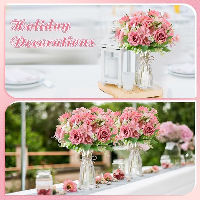 Thiccywoov 36 Pack Artificial Mini Rose Flowers with Vase Bulk, 24 Bundles Silk Rose Flower Artificial Bouquet 12 Plastic Vase with Rope Table Centerpiece Arrangement Wedding Party Deco(Purple)