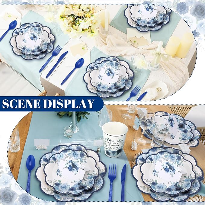 Shellwei 410 Pcs Blue Floral Wedding Decorations Elegant Floral Paper Plates and Napkins Set Disposable Party Tableware Sets with Cups Knives Forks Spoons Seat Card Favors for 50 Guests